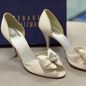 Stuart Weitzman Ivory Satin D'Orsay Peep Toe Heels with Jewel Bow Accent 9.5